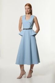 Compact Stretch Belted Peplum Detail Full Skirted Midi Dress in Blue at Karen Millen